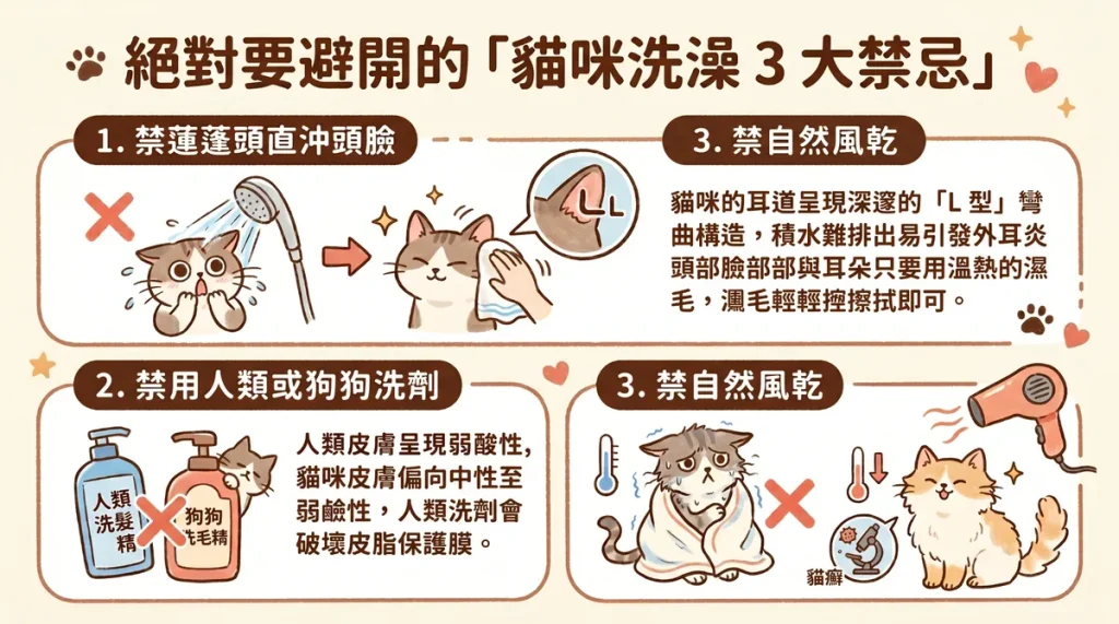 貓咪洗澡三大禁忌，包含不沖頭、不用人類洗毛精與必須吹乾