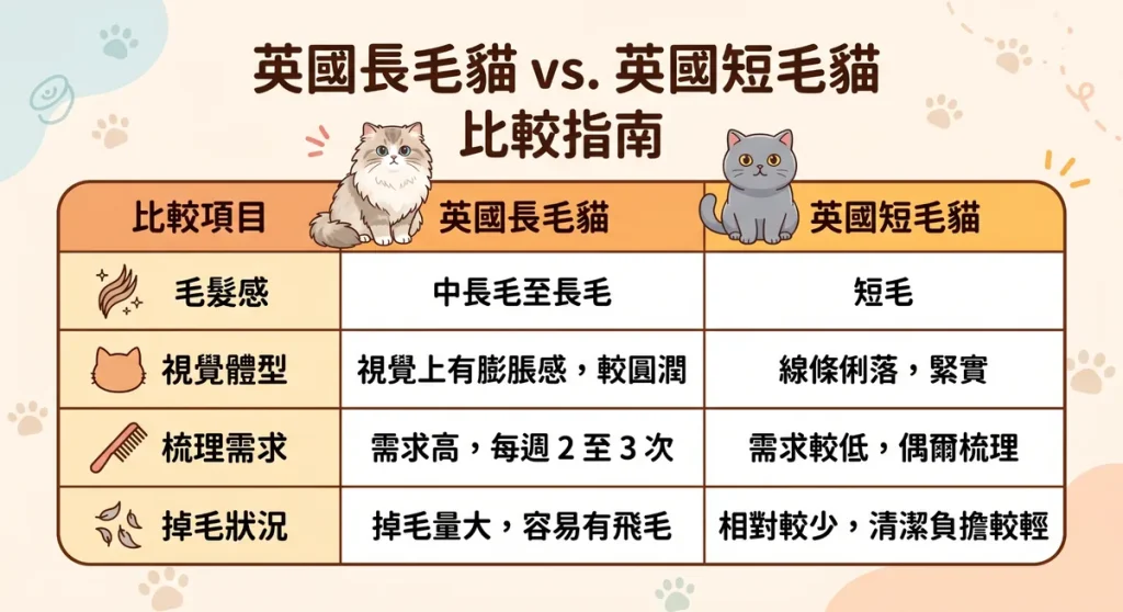 英國長毛貓與英國短毛貓外觀特徵與日常照顧差異比較表