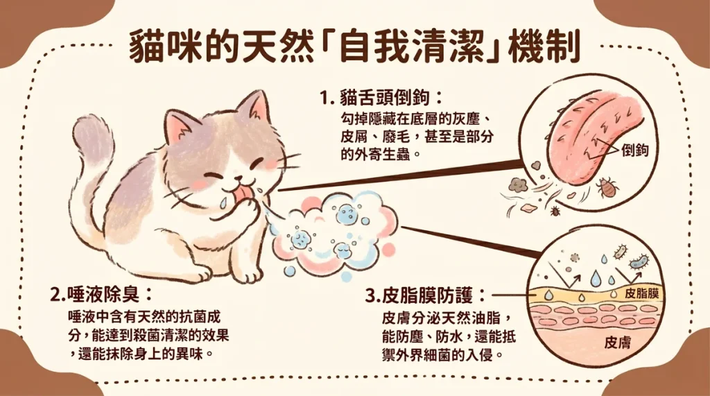 貓要洗澡嗎？貓咪自我清潔機制解析，包含貓舌頭倒鉤與天然皮脂膜的作用