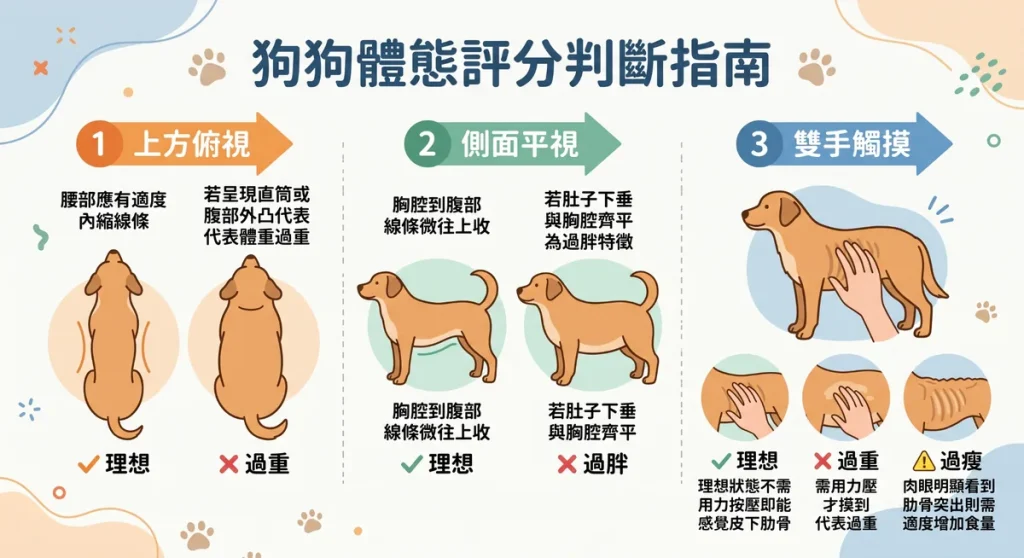 狗狗體態評分標準，透過上方俯視、側面平視與雙手觸摸