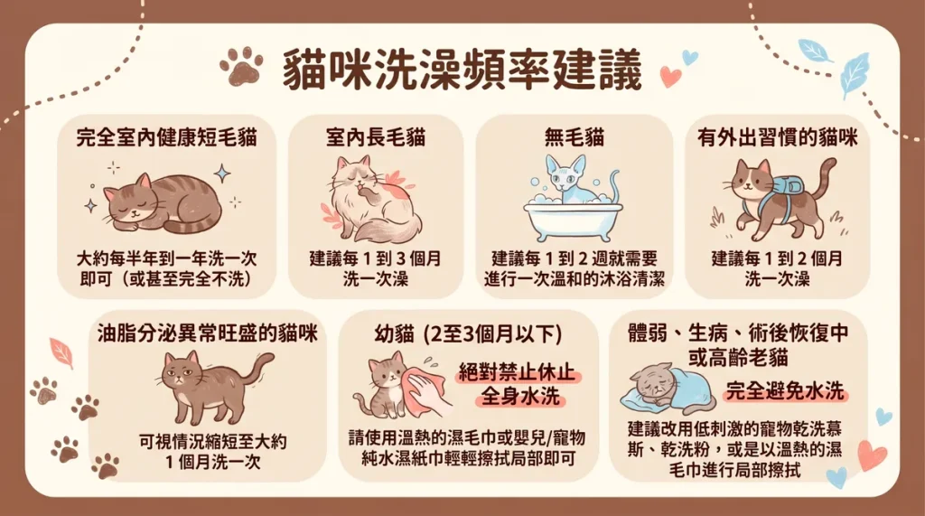 各品種與年齡貓咪洗澡頻率建議表格，包含短毛貓、長毛貓與幼貓
